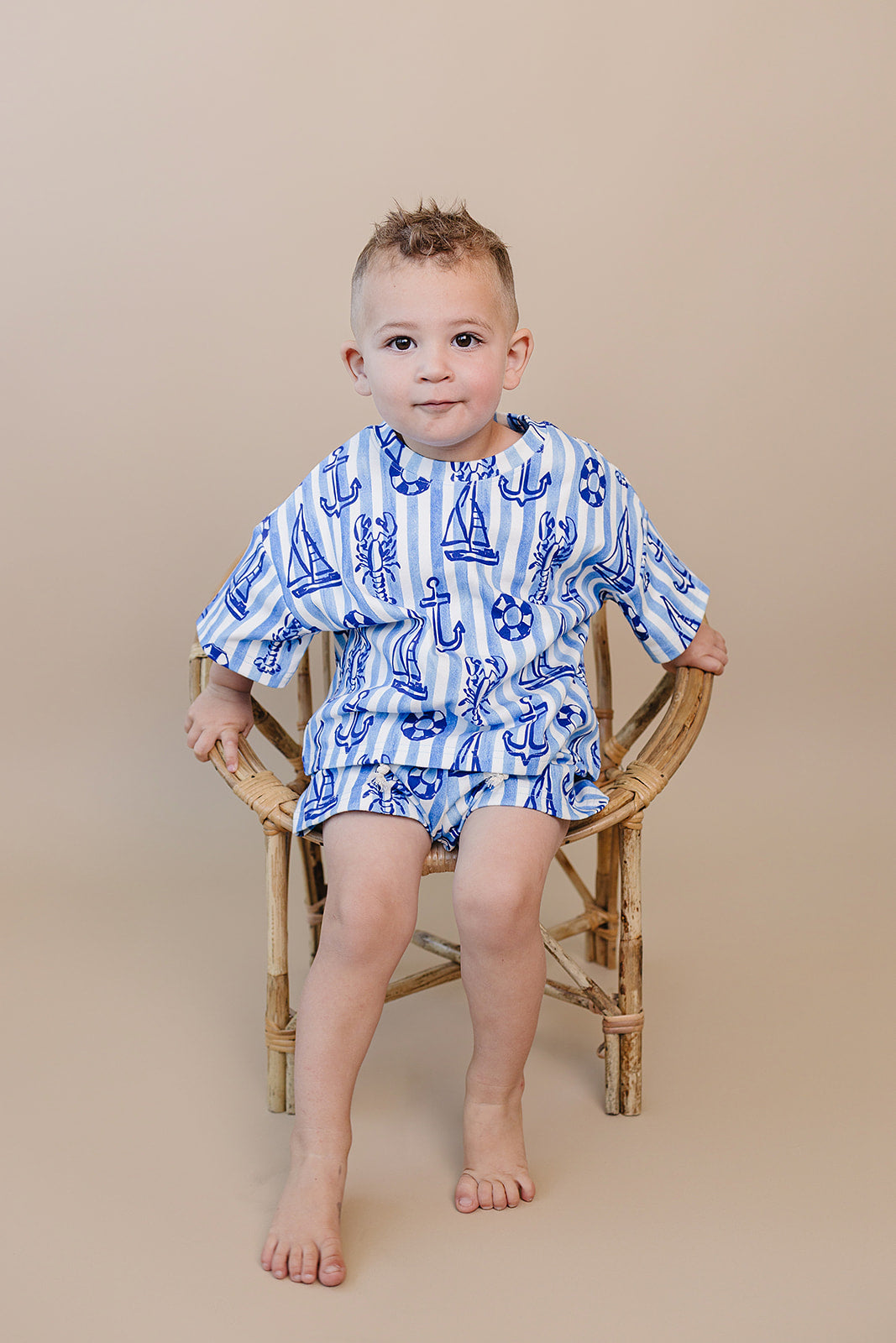 Nautical Cotton Shorts Set — toddler in blue nautical-print summer two-piece, Lucky Panda Kids

