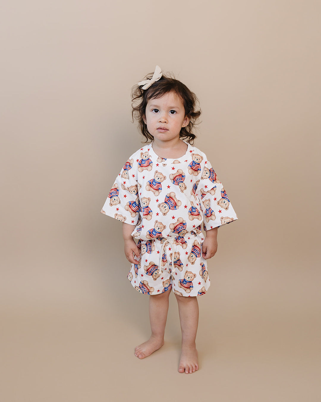 Lucky Panda Kids Cotton Shorts Set American Bear — front view, patriotic bear print, elastic waistband