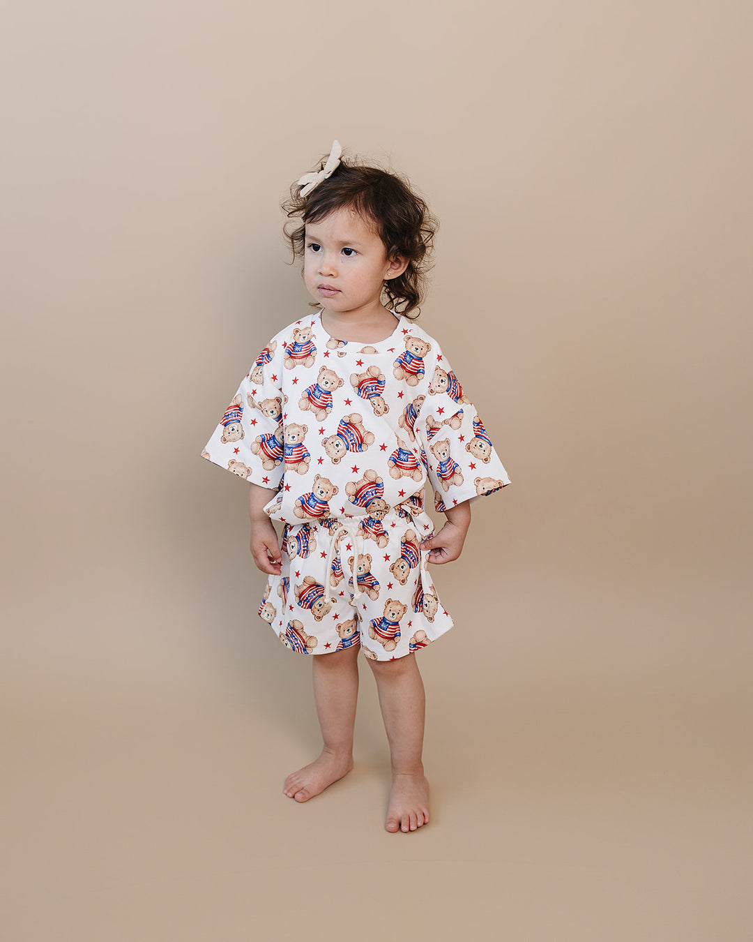 Lucky Panda Kids Cotton Shorts Set American Bear — front view, patriotic bear print, elastic waistband