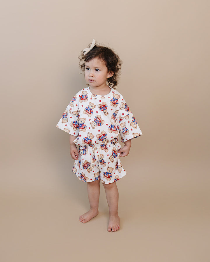 Lucky Panda Kids Cotton Shorts Set American Bear — front view, patriotic bear print, elastic waistband