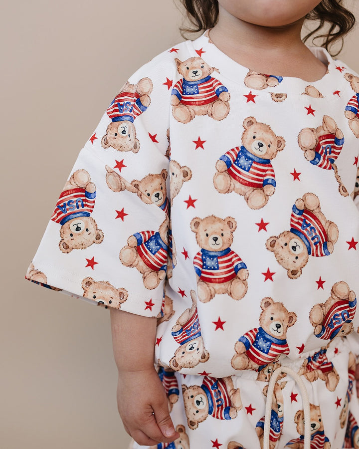 Lucky Panda Kids Cotton Shorts Set American Bear — front view, patriotic bear print, elastic waistband