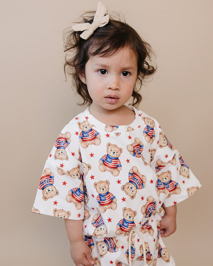 Lucky Panda Kids Cotton Shorts Set American Bear — front view, patriotic bear print, elastic waistband