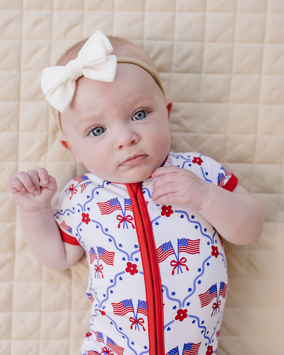 Close-up of Lucky Panda Kids American Girl bamboo shorts set fabric — buttery-soft 220 GSM, patriotic print
