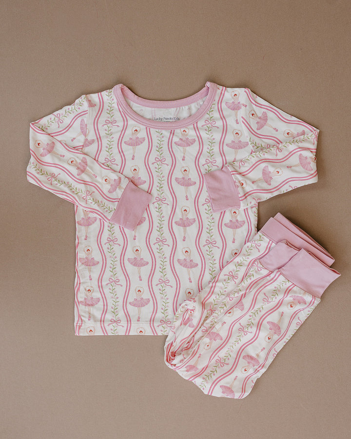 Little Ballerina bamboo long-sleeve top and matching pants displayed as a flat lay.