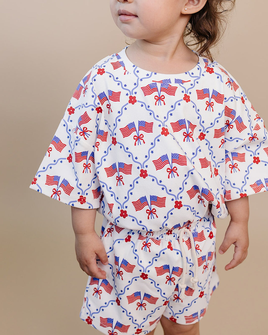 Lucky Panda Kids Cotton Shorts Set American Girl — front view, patriotic print, elastic waistband shorts