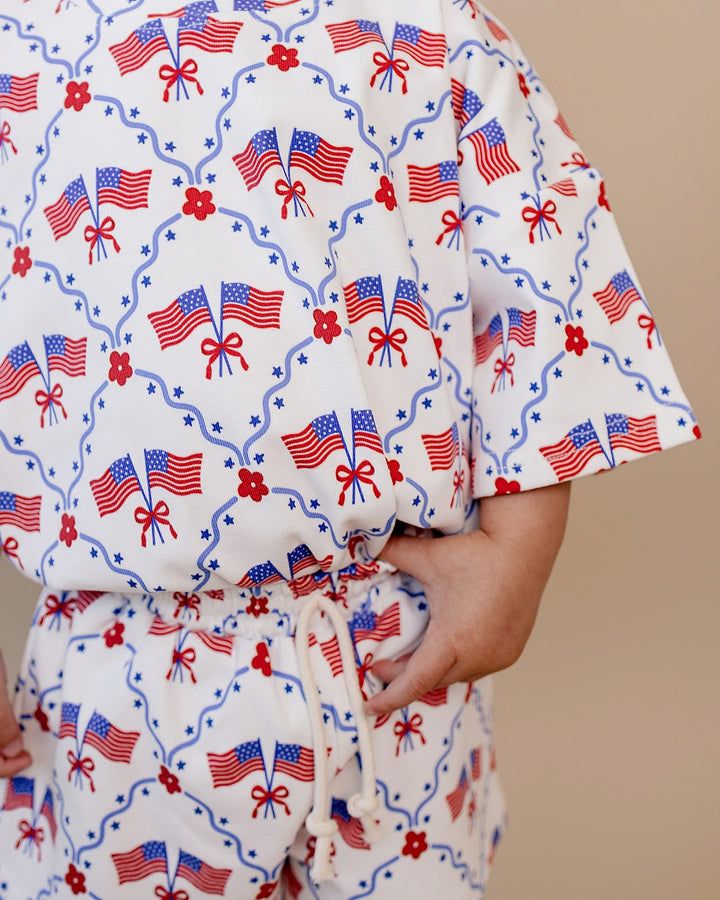 Lucky Panda Kids Cotton Shorts Set American Girl — front view, patriotic print, elastic waistband shorts