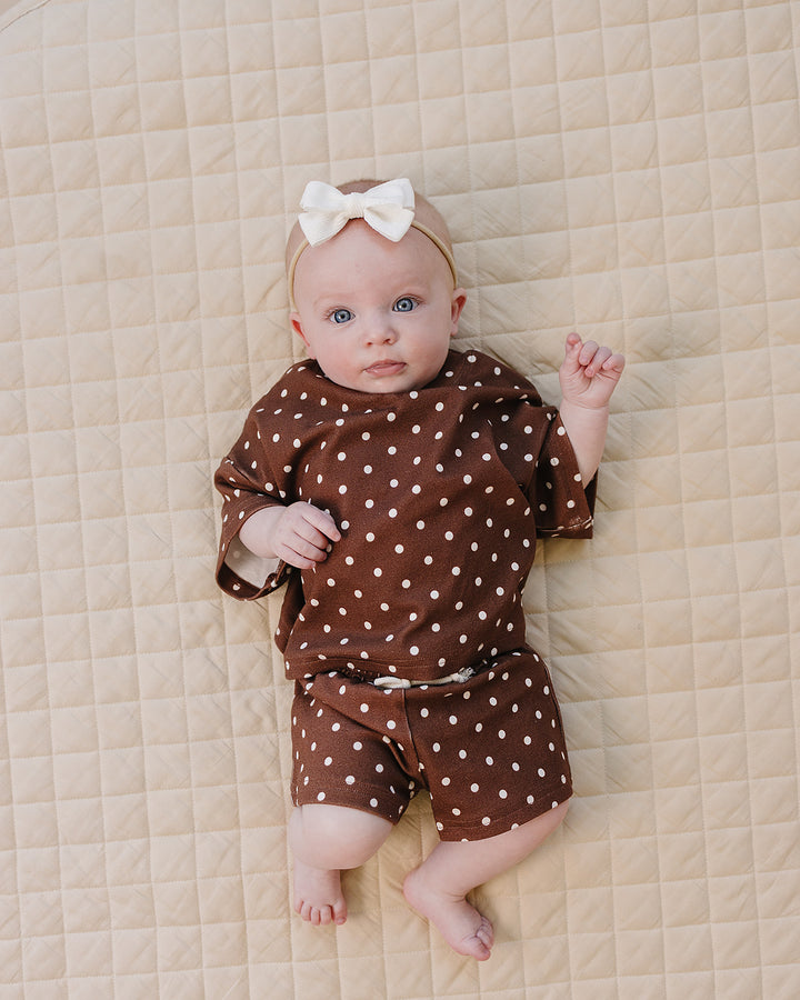 Baby girl wearing Lucky Panda Kids Brown Polka Shorts Set — brown and white polka dot cotton two-piece outfit