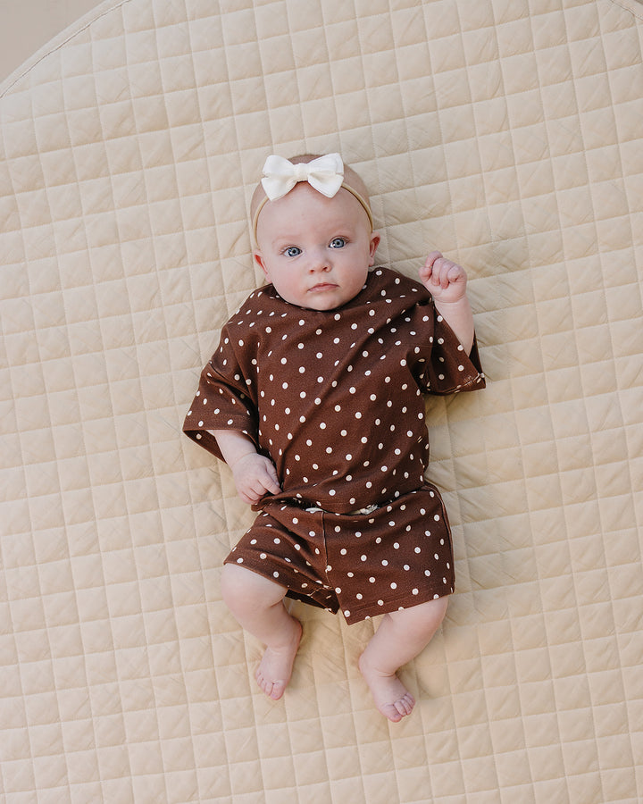 Baby girl wearing Lucky Panda Kids Brown Polka Shorts Set — brown and white polka dot cotton two-piece outfit