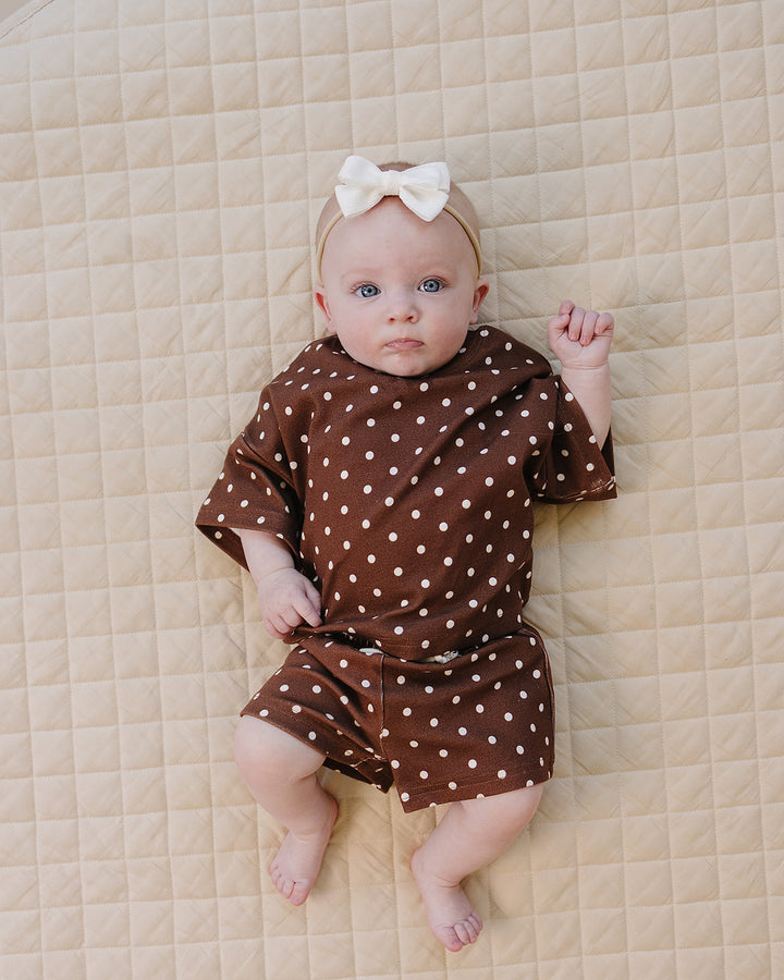 baby girl wearing Lucky Panda Kids Brown Polka Shorts Set — brown and white polka dot cotton two-piece outfit