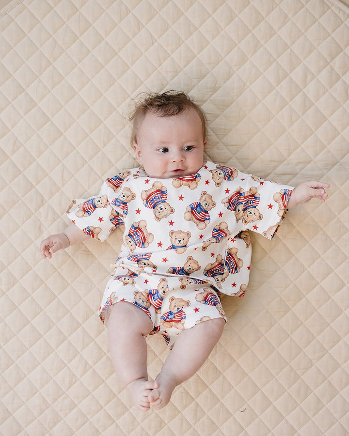 Baby boy wearing Lucky Panda Kids American Bear cotton shorts set — patriotic 4th of July outfit