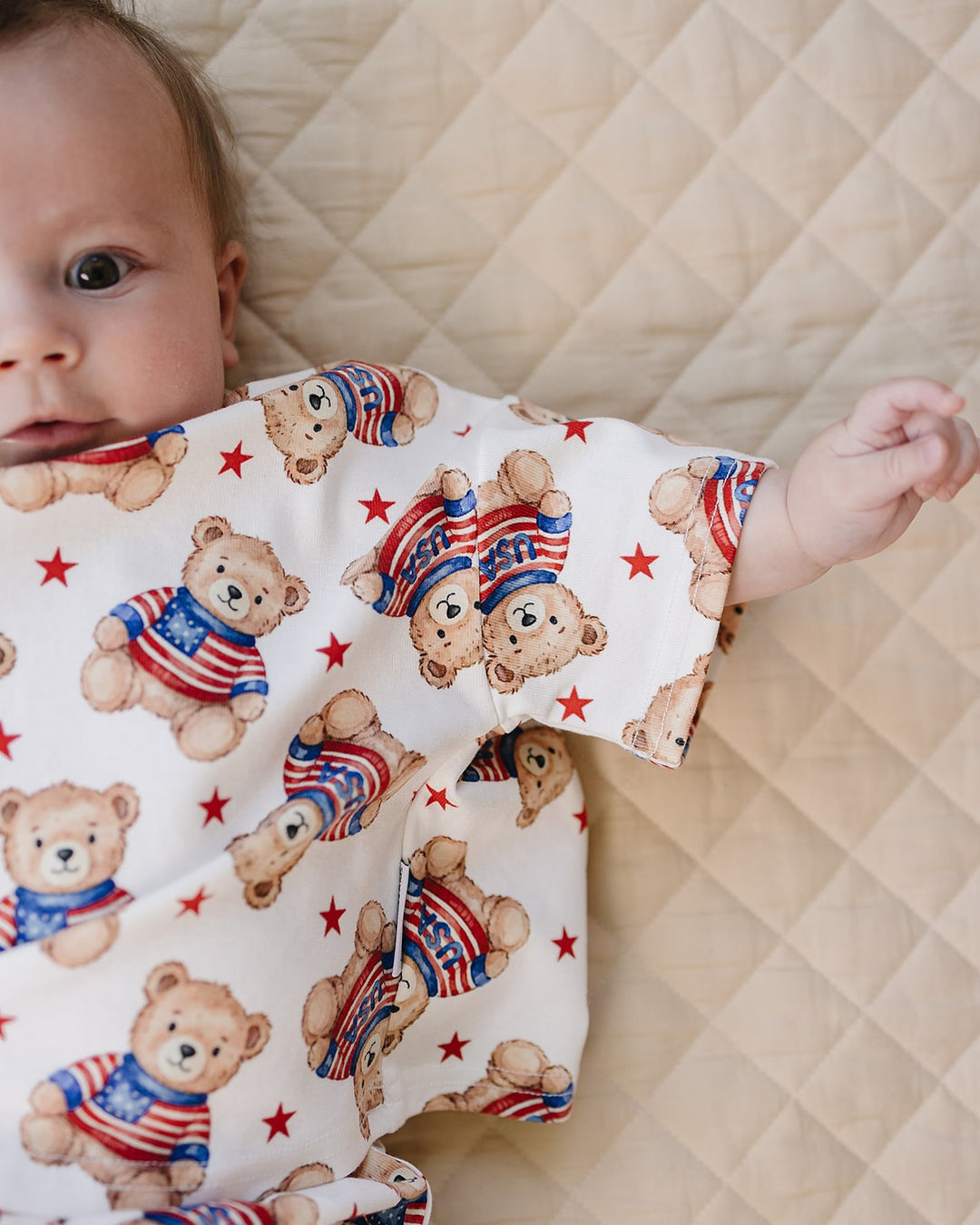 Lucky Panda Kids Cotton Shorts Set American Bear — front view, patriotic bear print, elastic waistband