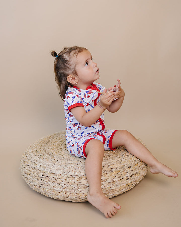 Toddler girl wearing Lucky Panda Kids Bamboo Shorts Set American Girl — patriotic 4th of July two-piece outfit