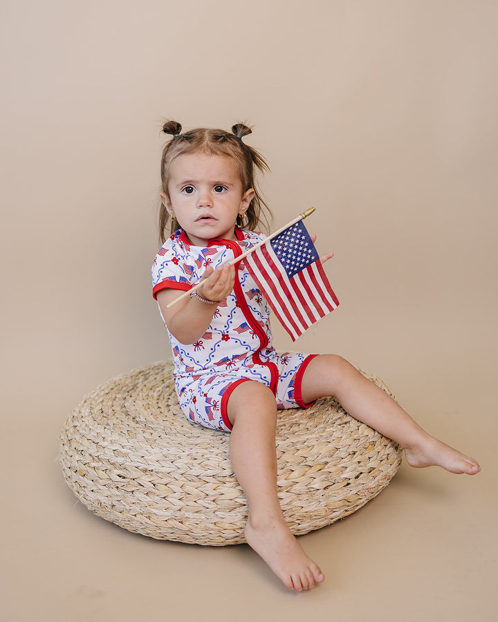 Girl in Lucky Panda Kids 4th of July bamboo shorts set, American Girl design — available 18-24M to 8-9Y
