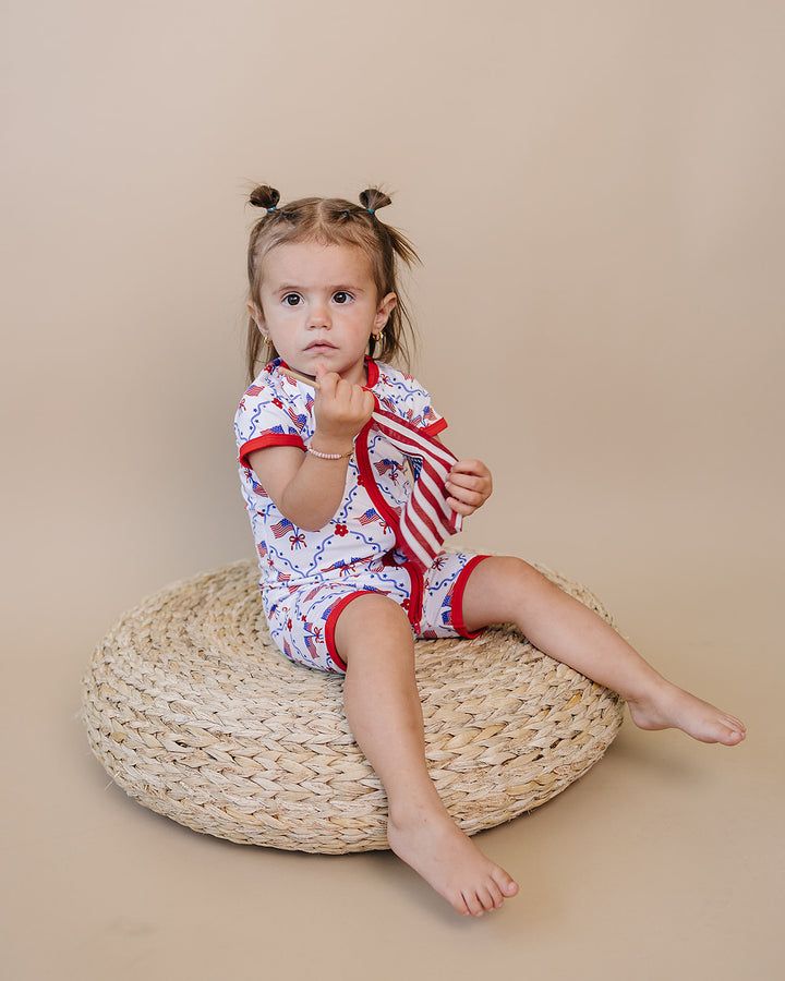 Toddler girl wearing Lucky Panda Kids Bamboo Shorts Set American Girl — patriotic 4th of July two-piece outfit
