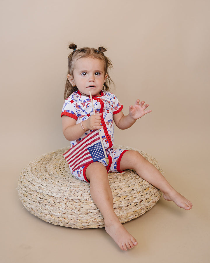 Toddler girl wearing Lucky Panda Kids Bamboo Shorts Set American Girl — patriotic 4th of July two-piece outfit

