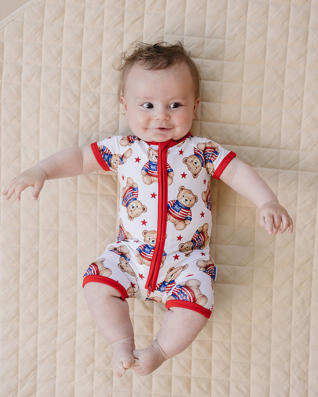 Lucky Panda Kids Bamboo Shorty Romper American Bear — front view, two-way zipper, short sleeves