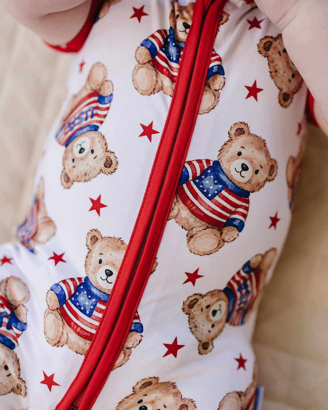 Close-up of Lucky Panda Kids American Bear bamboo romper — soft 220 GSM bamboo, patriotic bear print