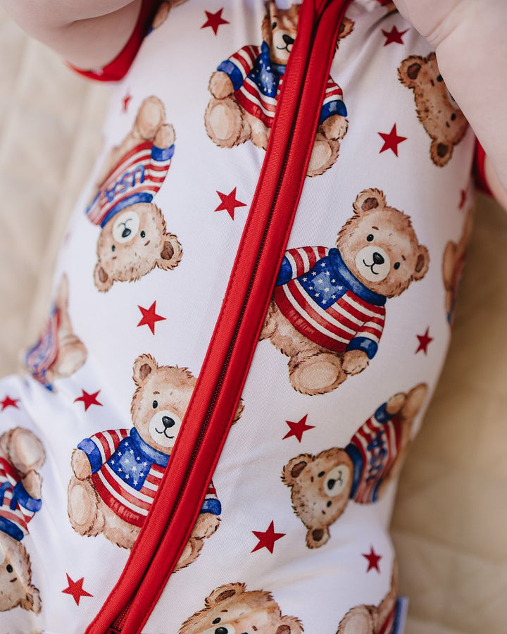 Close-up of Lucky Panda Kids American Bear bamboo romper — soft 220 GSM bamboo, patriotic bear print