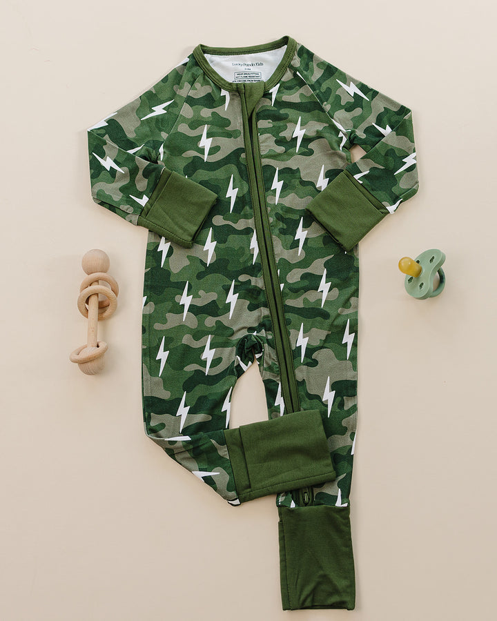 Bamboo Zip Romper | Green Camo Bolts