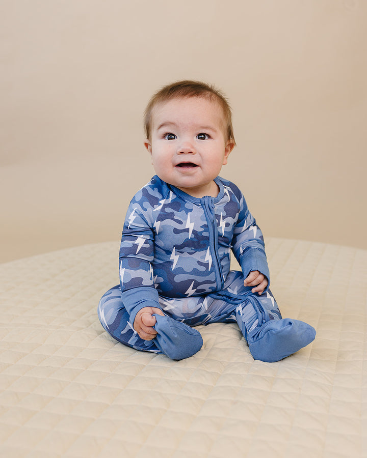 Bamboo Zip Romper | Blue Camo Bolts