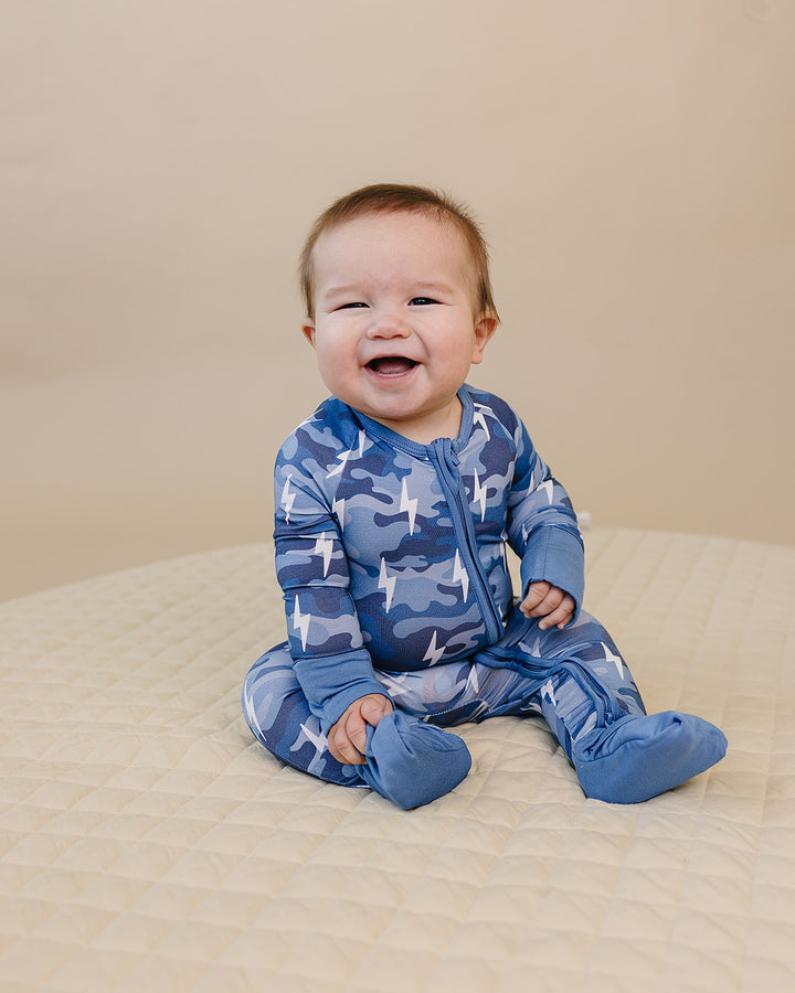 Bamboo Zip Romper | Blue Camo Bolts