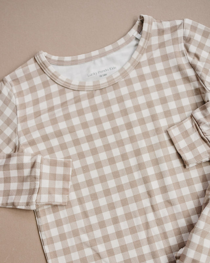 Close-up of the Beige Gingham bamboo pajama top, showing the neckline and neutral checkered print.