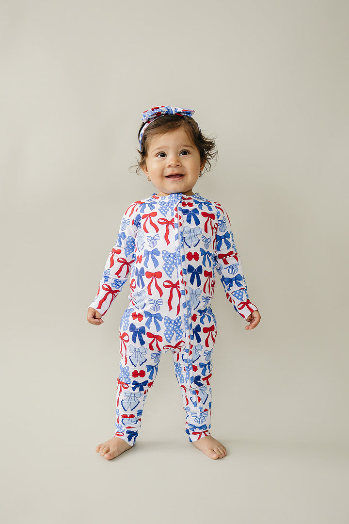 Bamboo Zip Romper  | Red-White & Bows