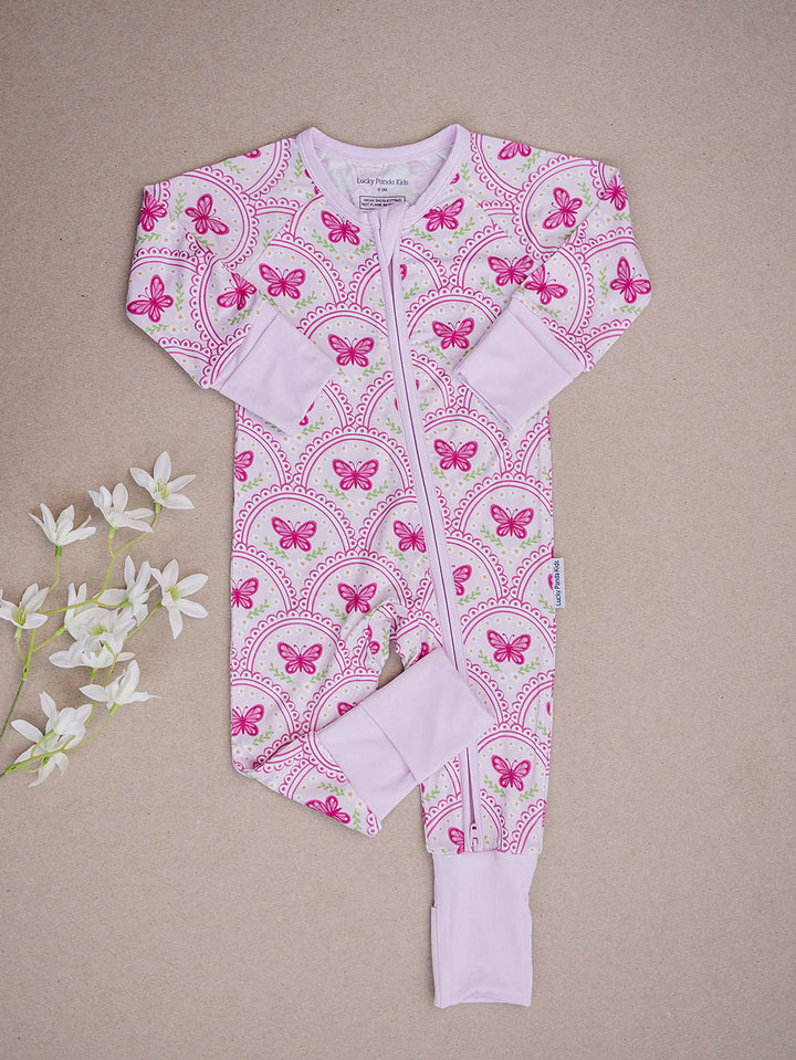 Bamboo Zip Romper | Pink Butterfly