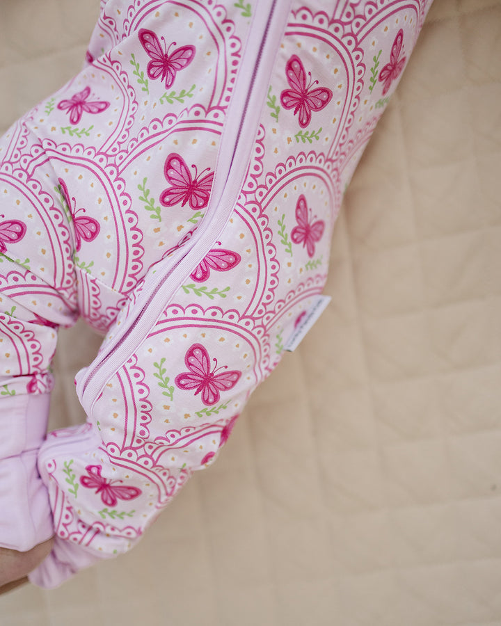 Bamboo Zip Romper | Pink Butterfly