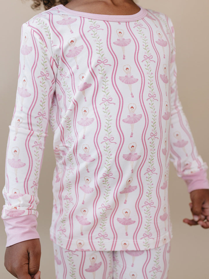 Close-up front view of the Little Ballerina long-sleeve bamboo top and matching pants.