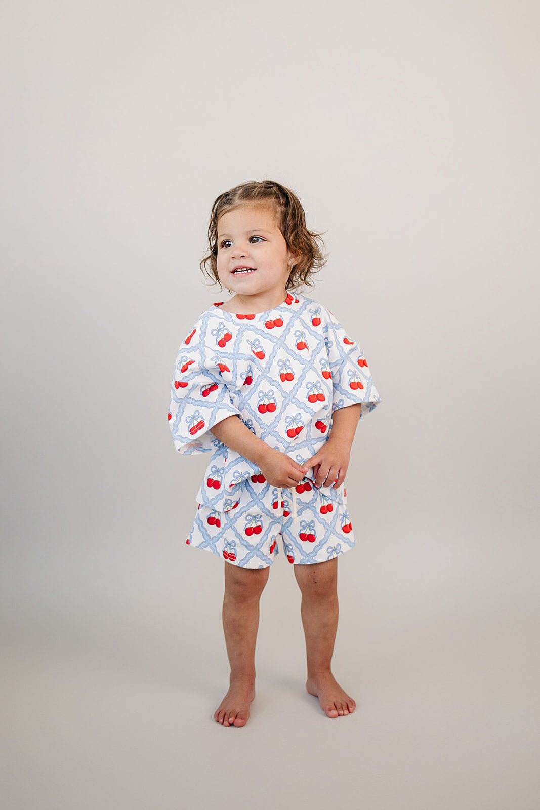 Sweet Cherry Cotton Shorts Set — toddler girl in cherry-print summer two-piece, Lucky Panda Kids