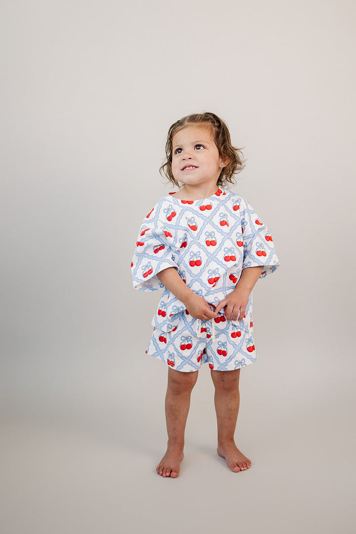 Sweet Cherry Cotton Shorts Set — toddler girl in cherry-print summer two-piece, Lucky Panda Kids