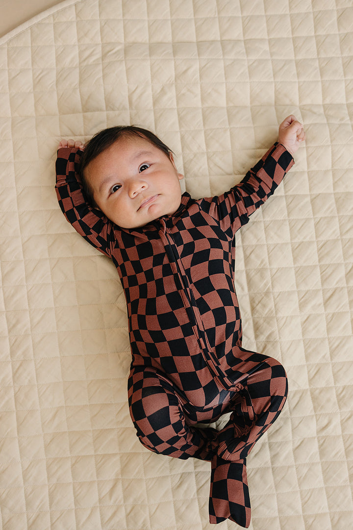 Bamboo Zip Romper | Chocolate Wavy Checkered