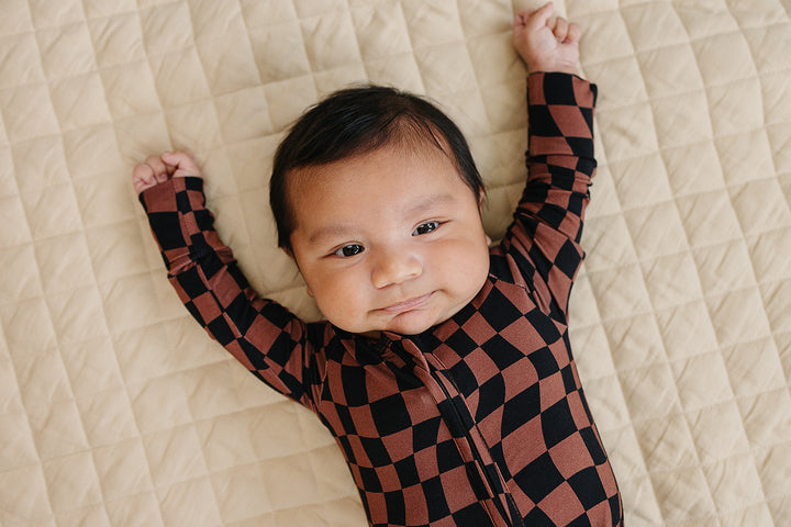 Bamboo Zip Romper | Chocolate Wavy Checkered