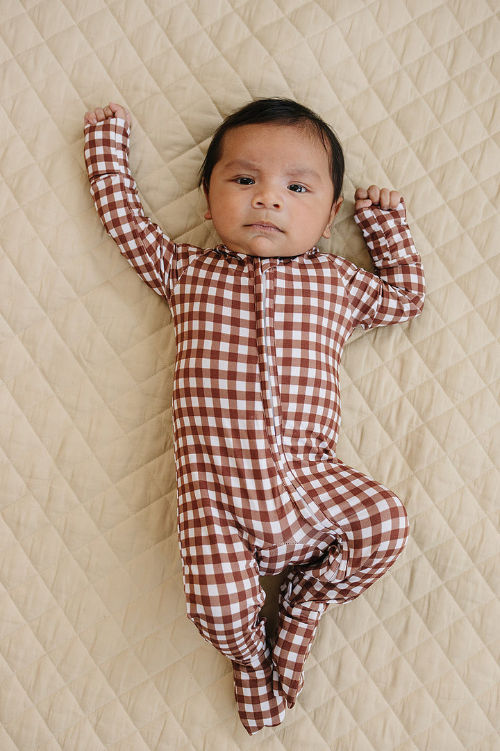 Bamboo Zip Romper | Chocolate Gingham