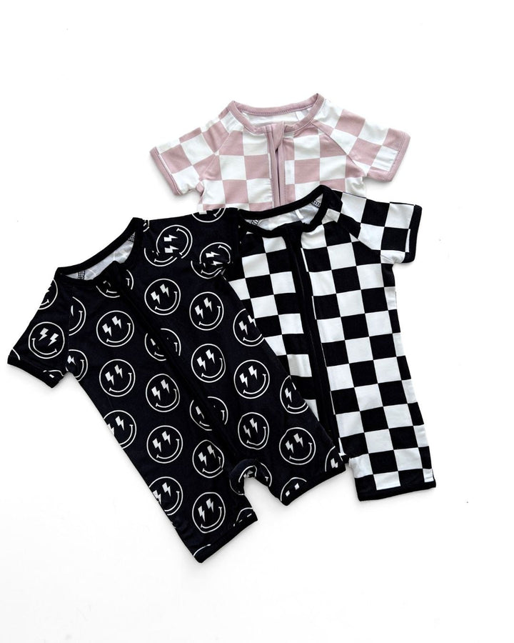 Bamboo Shorty Romper | Black Checkered - Romper - LUCKY PANDA KIDS