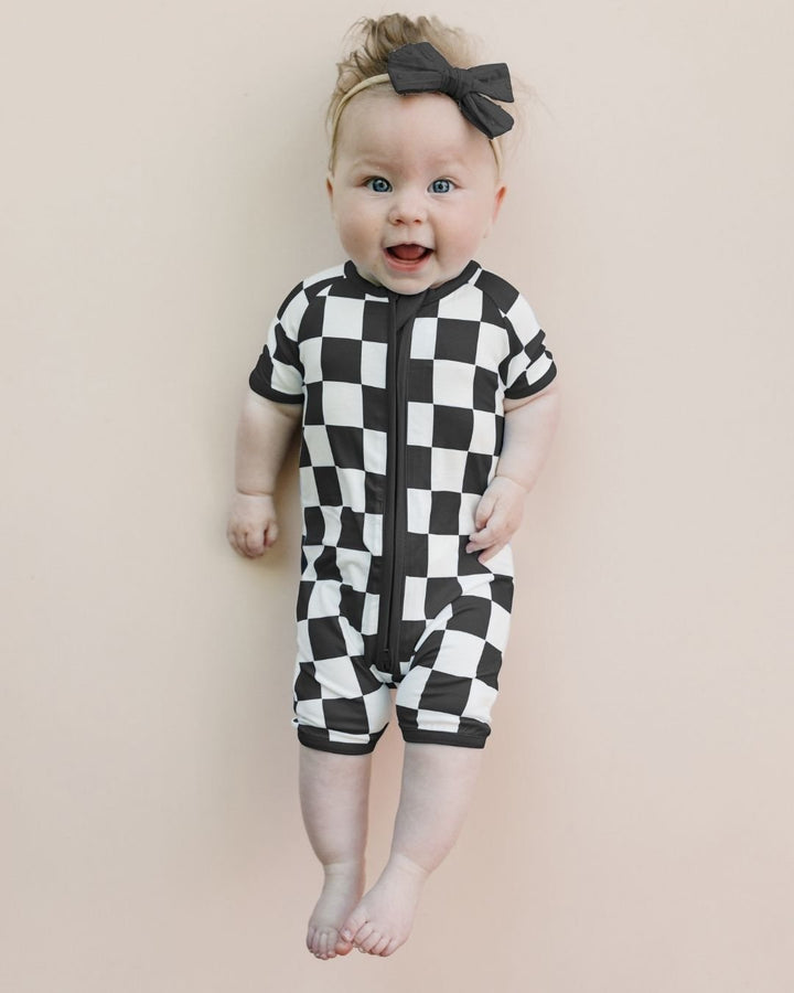 Bamboo Shorty Romper | Black Checkered - Romper - LUCKY PANDA KIDS