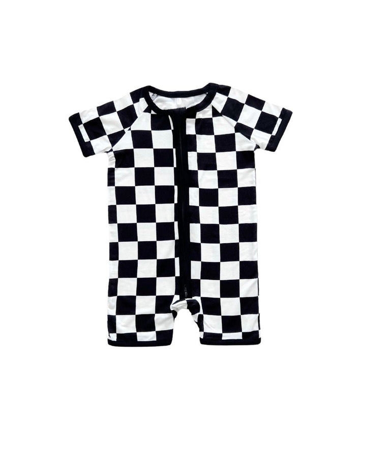 Bamboo Shorty Romper | Black Checkered - Romper - LUCKY PANDA KIDS