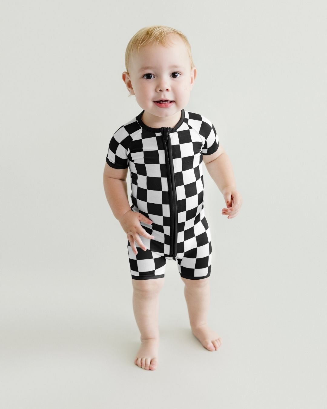 Bamboo Shorty Romper | Black Checkered - Romper - LUCKY PANDA KIDS