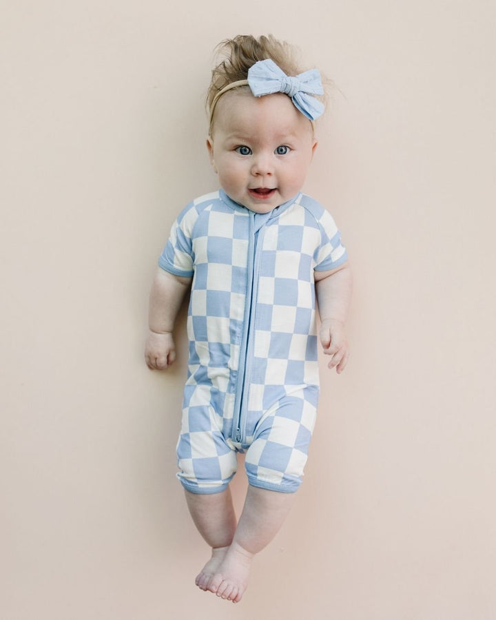 Bamboo Shorty Romper | Blue Checkered - Romper - LUCKY PANDA KIDS