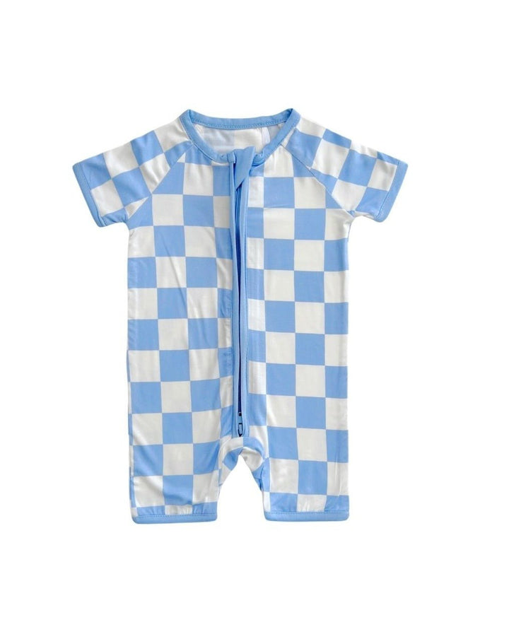 Bamboo Shorty Romper | Blue Checkered - Romper - LUCKY PANDA KIDS