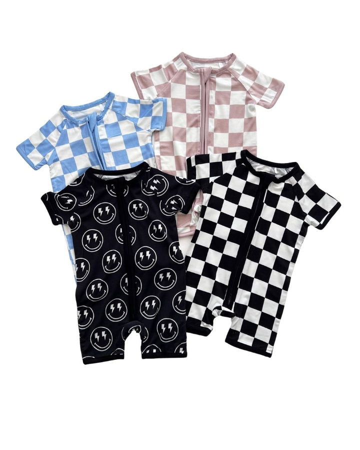 Bamboo Shorty Romper | Blue Checkered - Romper - LUCKY PANDA KIDS