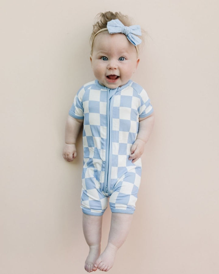 Bamboo Shorty Romper | Blue Checkered - Romper - LUCKY PANDA KIDS