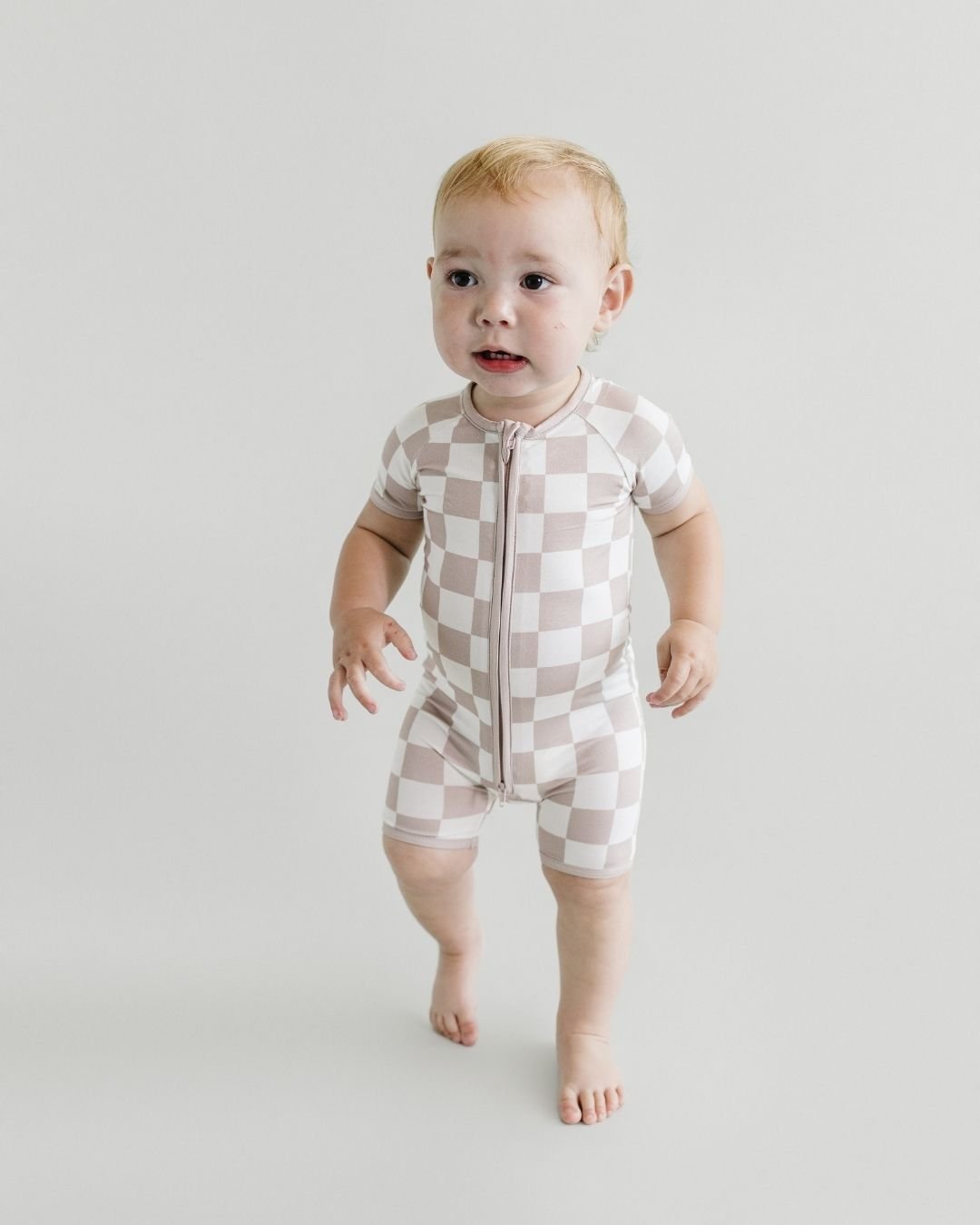 Bamboo Shorty Romper | Latte Checkered - Romper - LUCKY PANDA KIDS