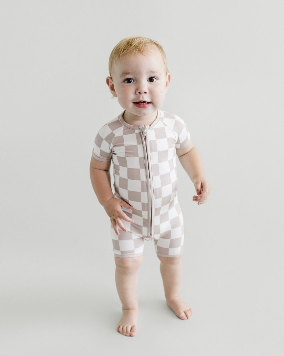 Bamboo Shorty Romper | Latte Checkered - Romper - LUCKY PANDA KIDS