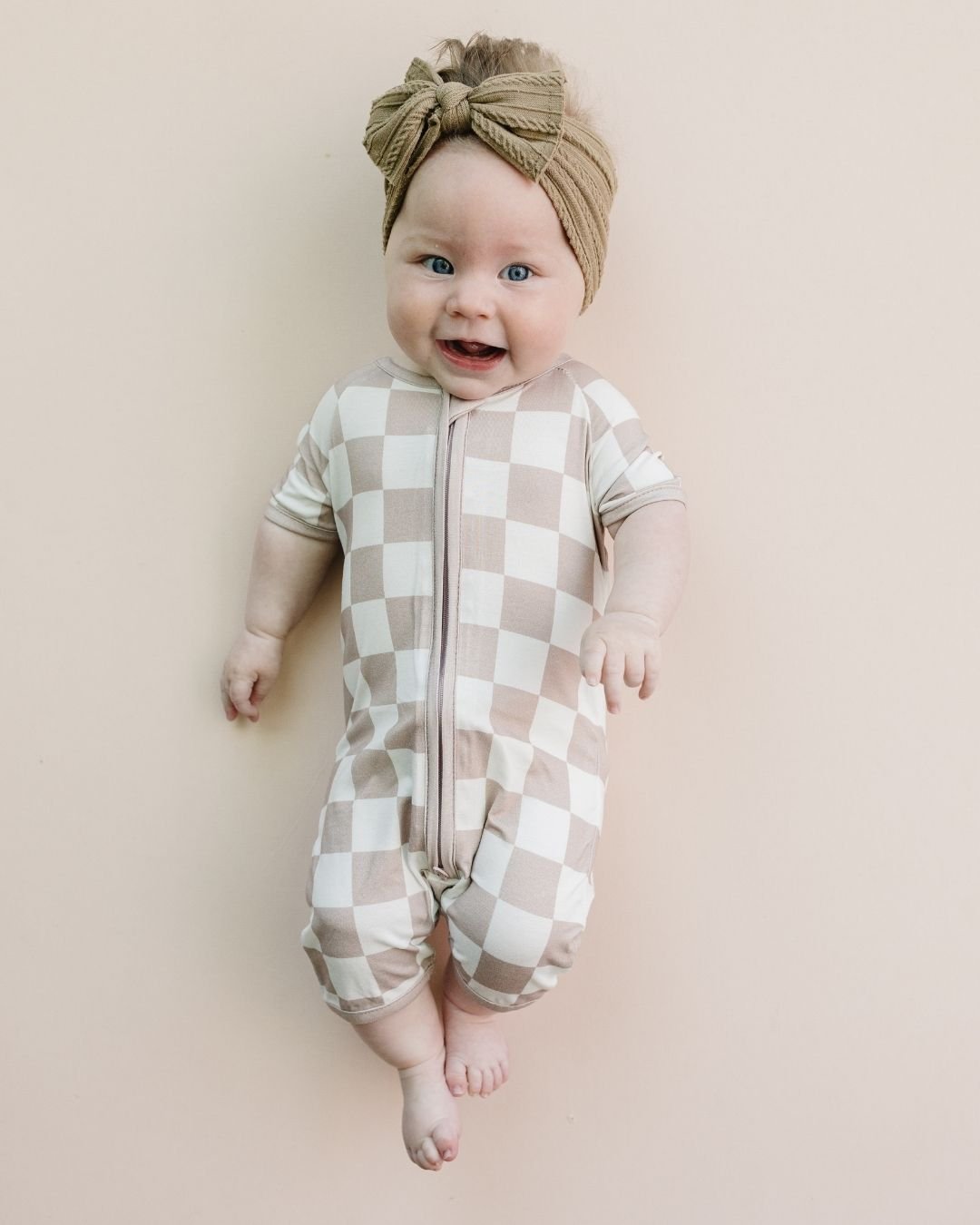 Bamboo Shorty Romper | Latte Checkered - Romper - LUCKY PANDA KIDS