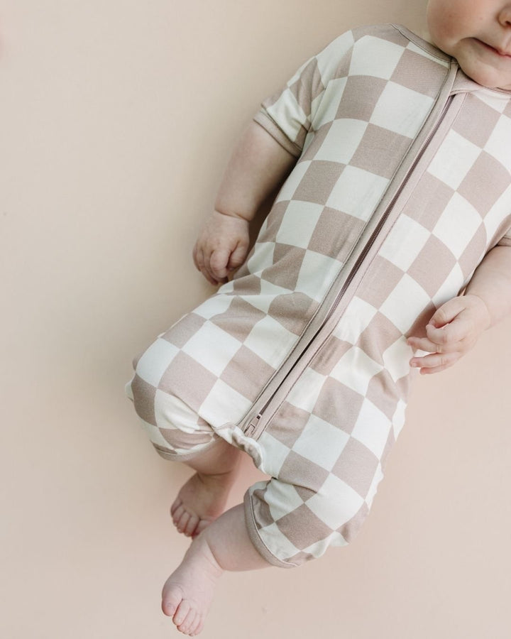 Bamboo Shorty Romper | Latte Checkered - Romper - LUCKY PANDA KIDS