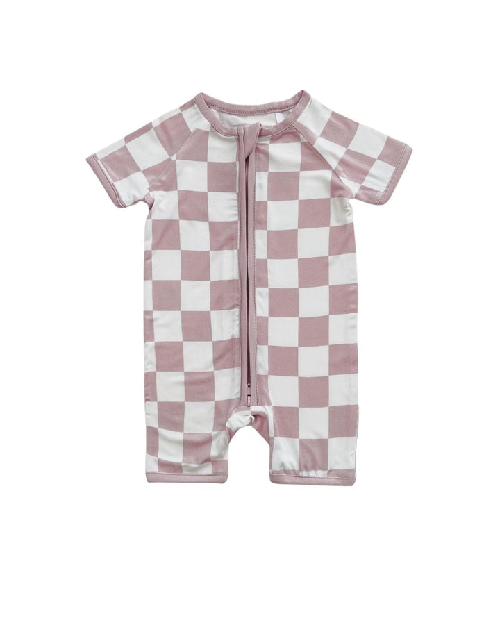 Bamboo Shorty Romper | Latte Checkered - Romper - LUCKY PANDA KIDS