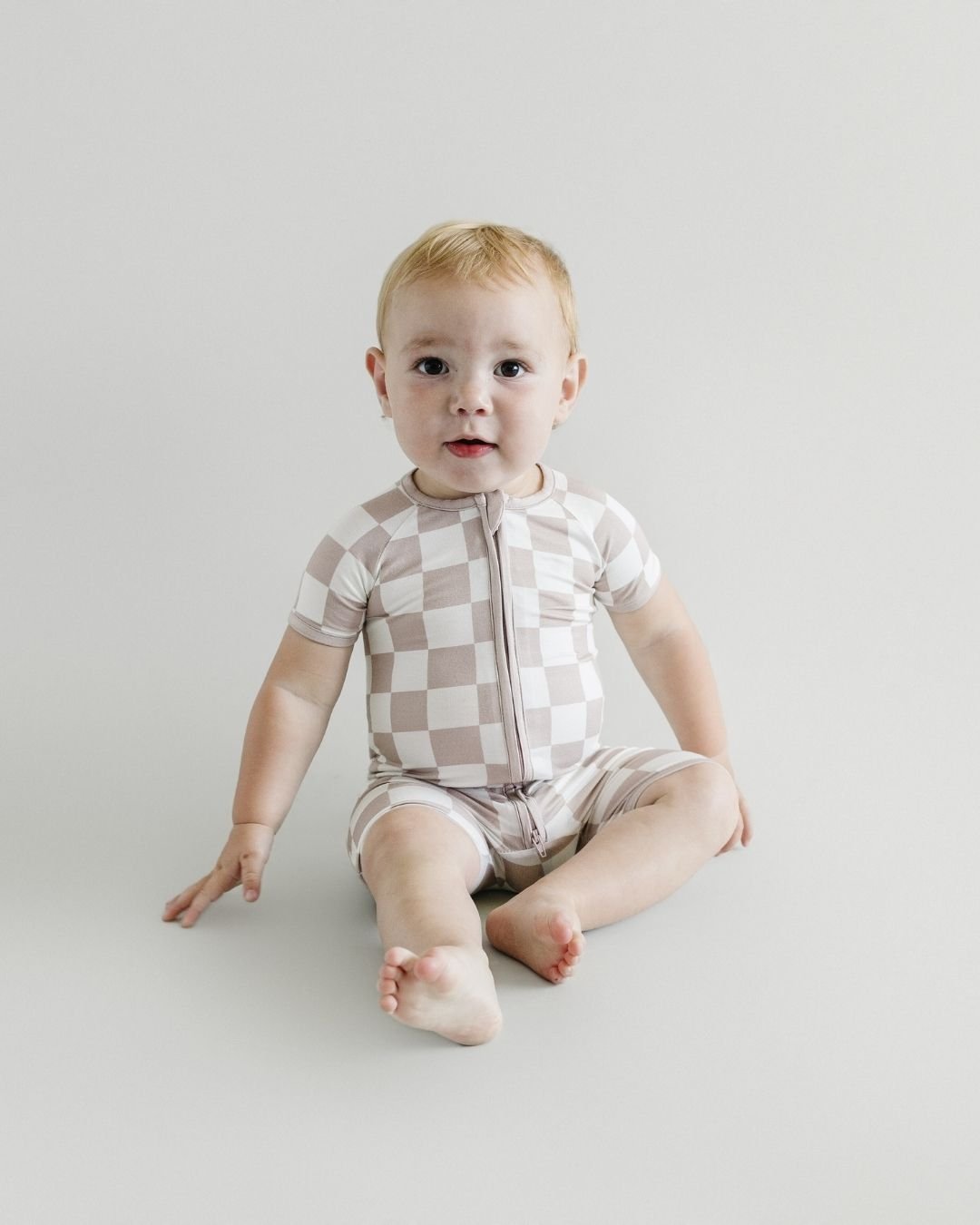 Bamboo Shorty Romper | Latte Checkered - Romper - LUCKY PANDA KIDS