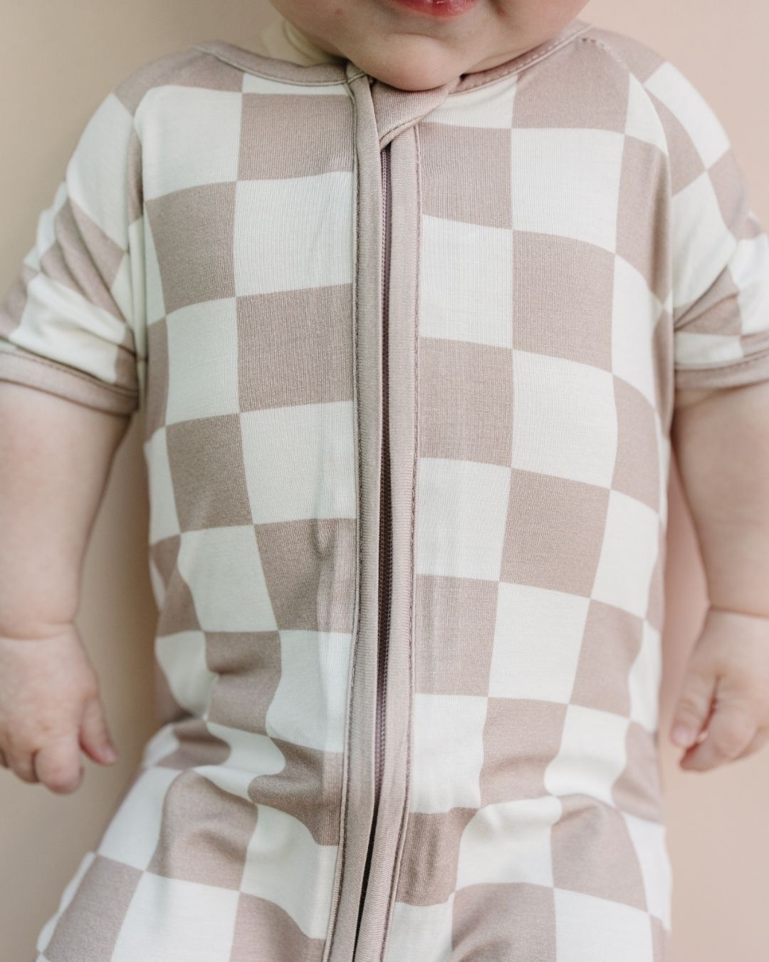 Bamboo Shorty Romper | Latte Checkered - Romper - LUCKY PANDA KIDS